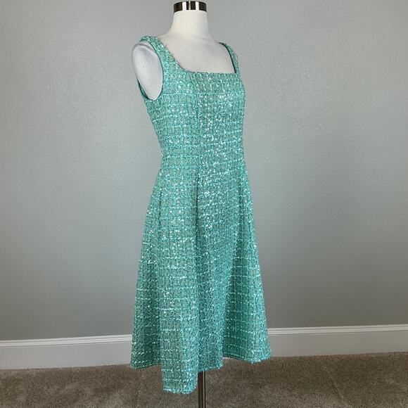 Adrianna Papell Sequined Boucle Fit and Flare Cocktail Dress Green Size 6 Midi - Picture 2 of 14